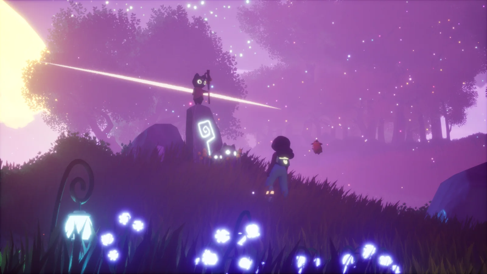 Fiona in the purple spirit world at night, a cat spirit perched on a glowing gate stone