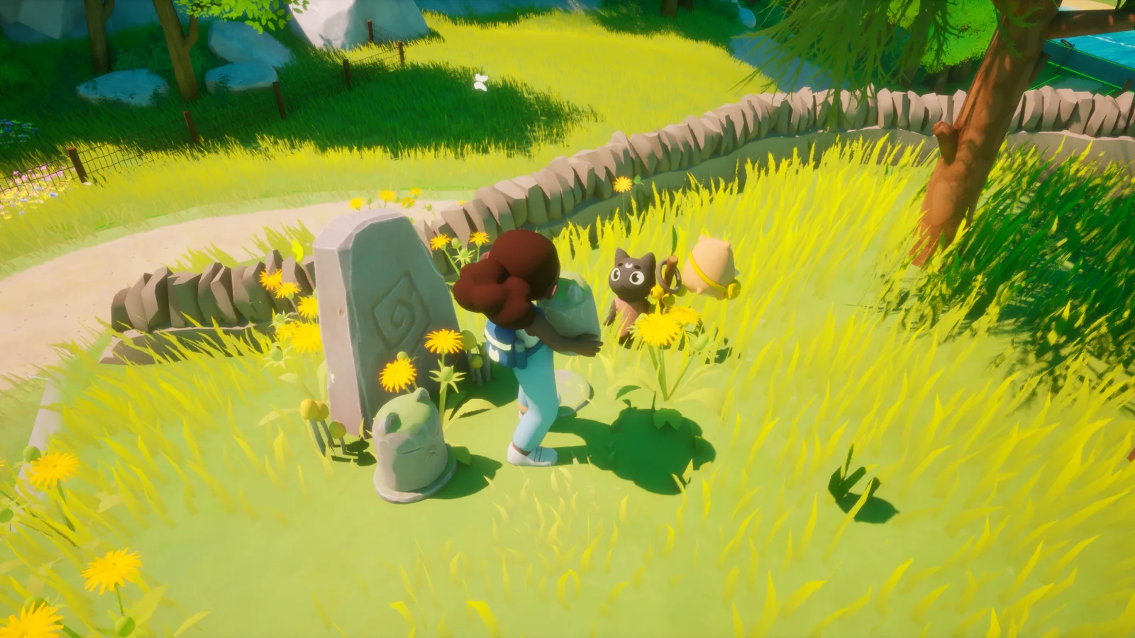 Fiona carrying a stone to a carved gate stone in a meadow, with Purrsula and Tofu watching