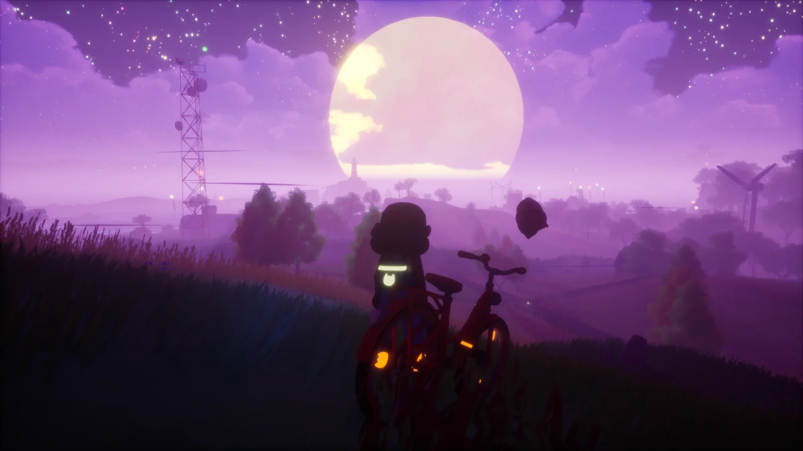 Fiona on her bike at night in the spirit world, a huge moon rising over the island