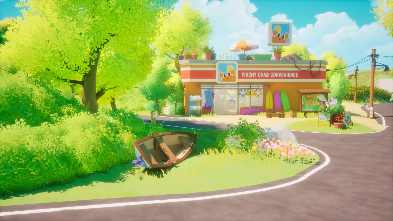 The Pinchy Crab Convenience Store beside a winding road, with a rowing boat parked in the grass